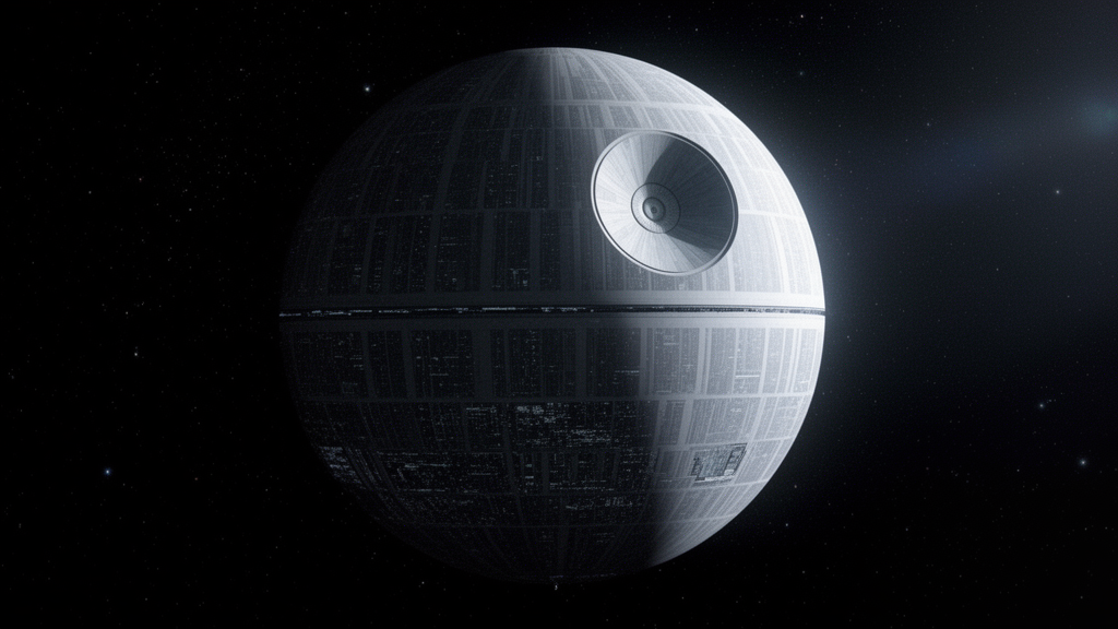 The Death Star, a massive spherical space station from Star Wars, floating in the darkness of space with stars in the background. The iconic superlaser dish is visible on the surface. Dramatic cinematic lighting, detailed sci-fi illustration.